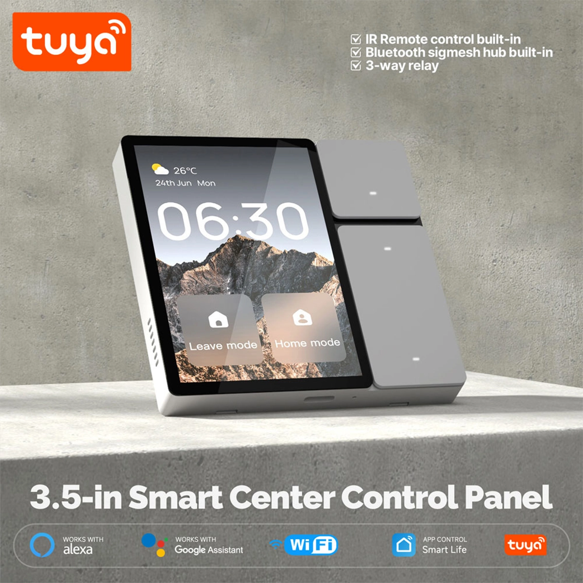 Pannello smart Tuya da 3,5 pollici con telecomando IR, gateway Bluetooth Sigmesh e tre relè, compatibile con Alexa e Google
