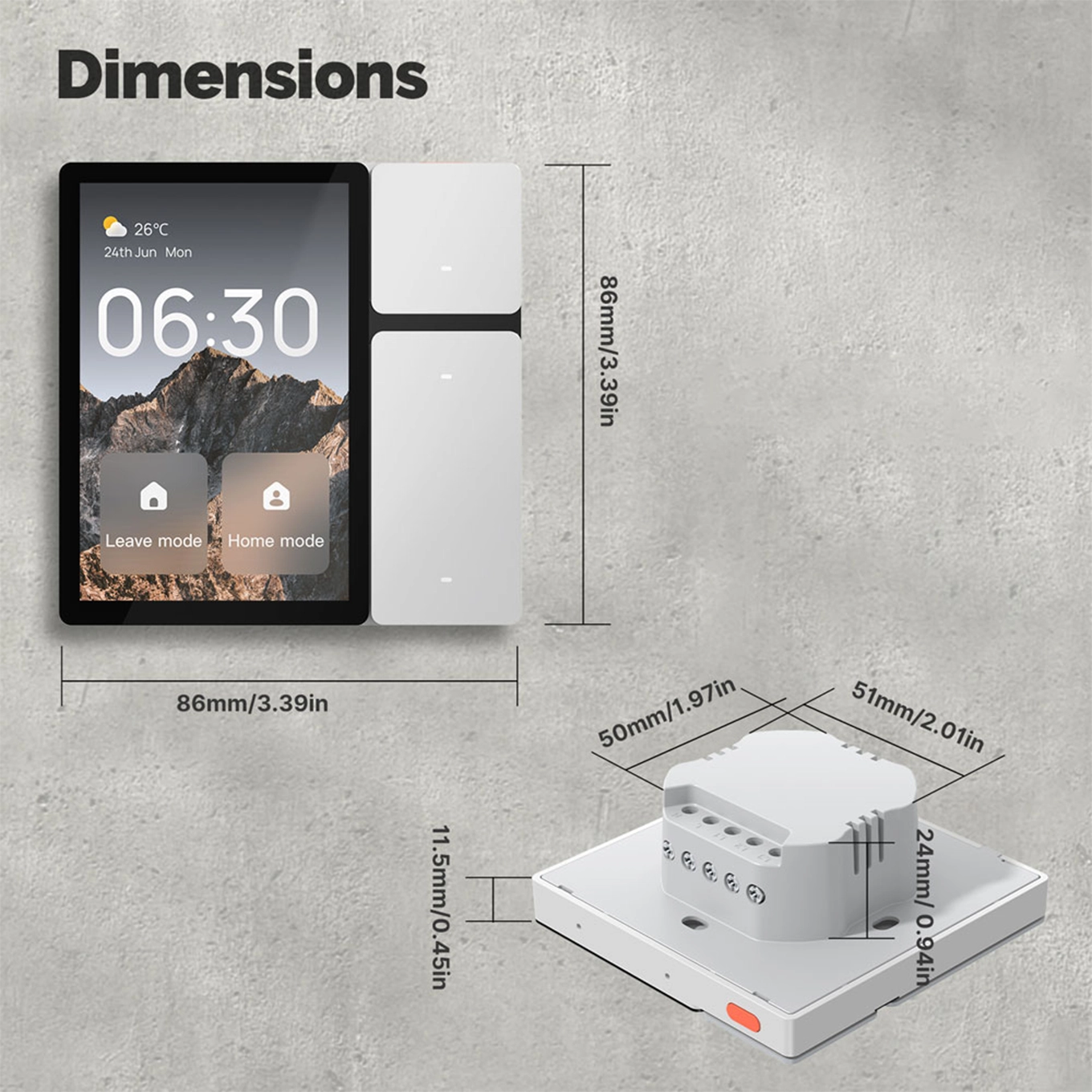 Dimensioni del pannello smart da 3,5 pollici: frontale 86 x 86 mm, corpo posteriore 50 x 51 mm, spessore 11,5 mm