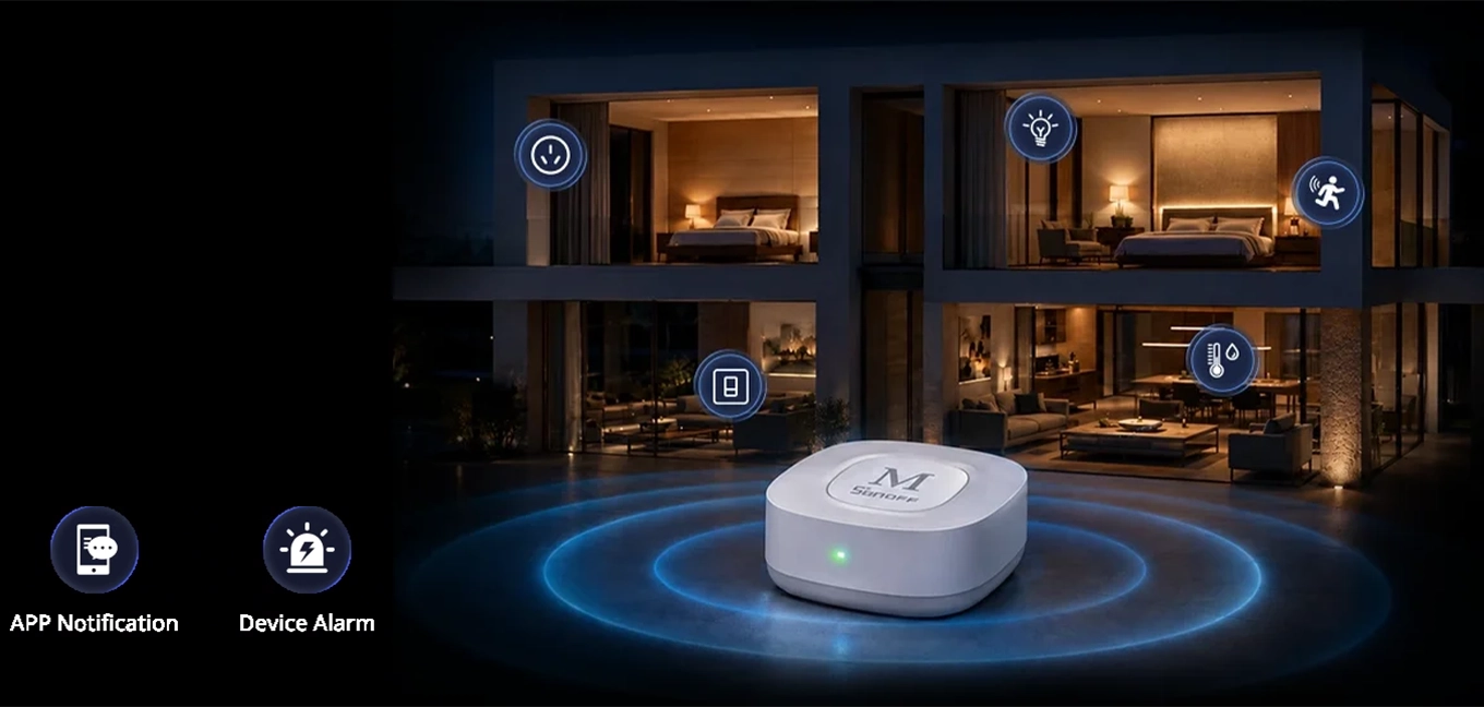 Bridge Max como unidad de control de seguridad para el hogar, con notificación a través de la aplicación y alarma sonora en el dispositivo.