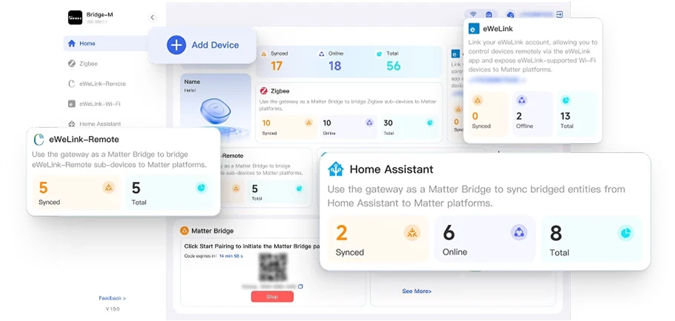 Panel web local Max Bridge con dispositivos eWeLink y Home Assistant compartidos como un puente Matter.