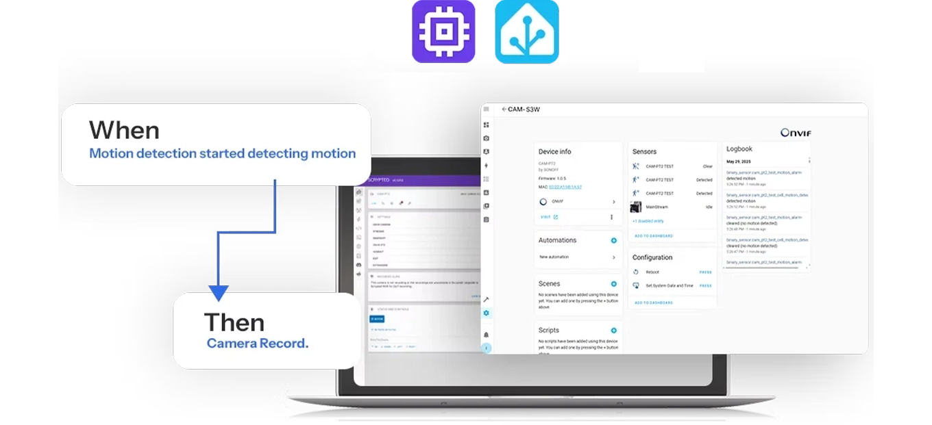 Automatización en la consola CAM-S3W: cuando detecta movimiento, comienza a grabar, con integración con Home Assistant.