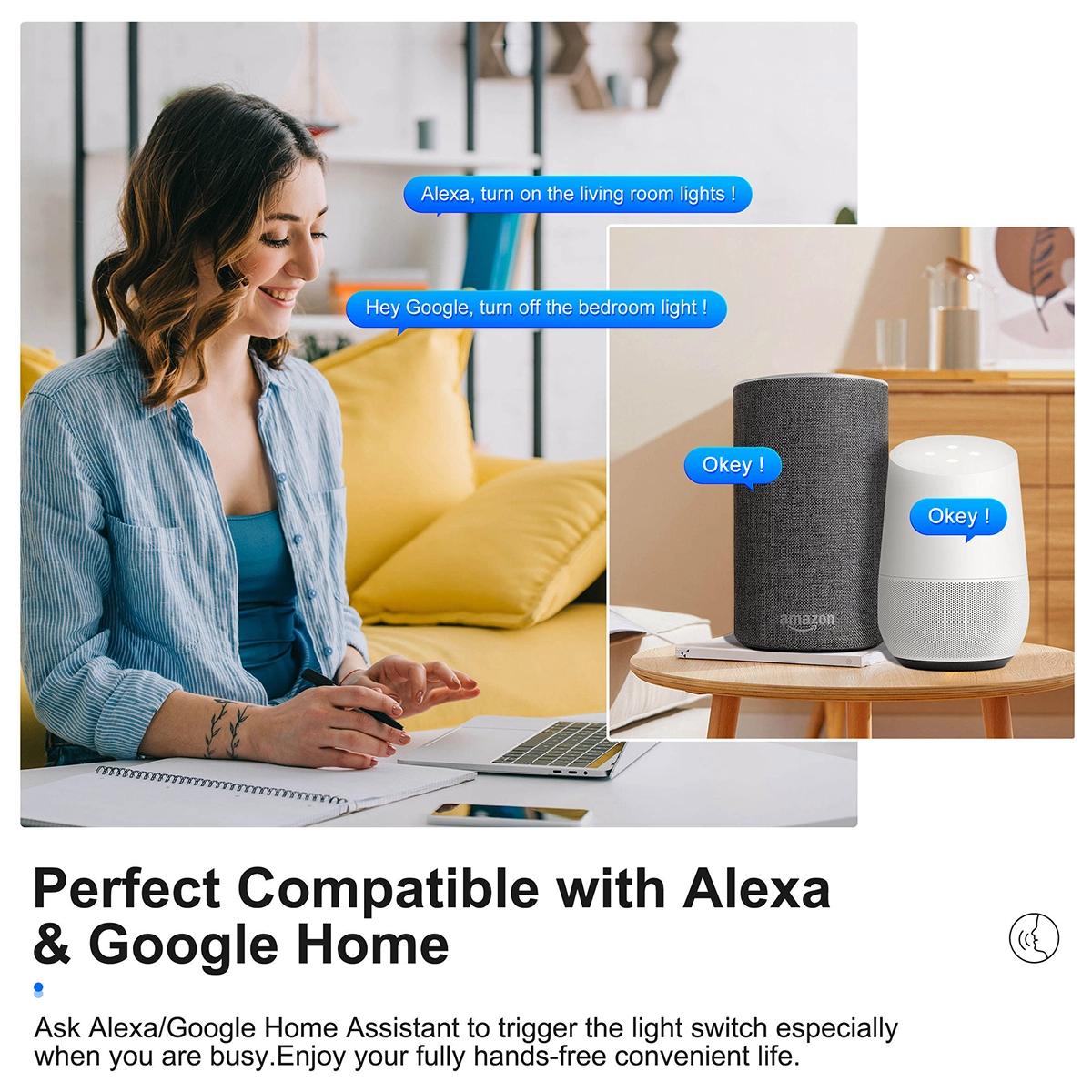 Voice-controlled lights via Amazon Alexa and Google Home connected to the Tuya WiFi switch module