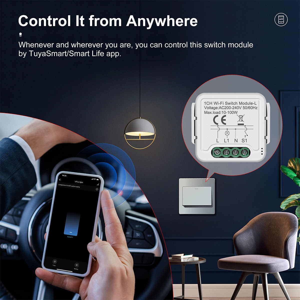 1-Channel WiFi Switch Module Behind Wall Switch, Remotely Controlled with App on Phone