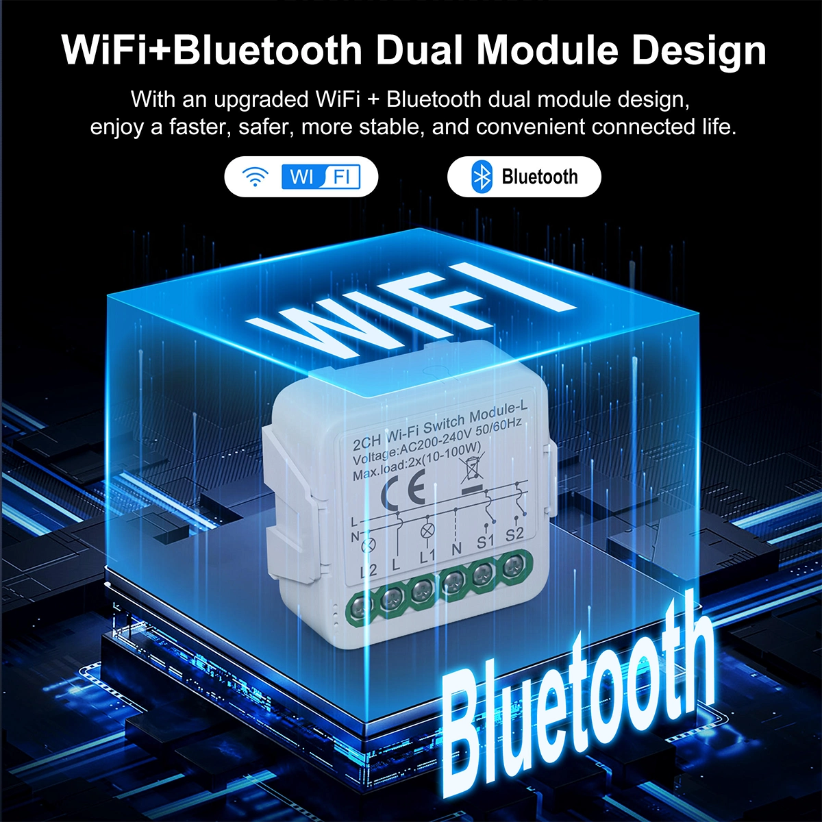 2-channel neutral-free WiFi switch module with WiFi and Bluetooth radio for connection to your home network