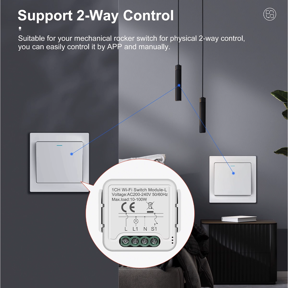 Two-way control: 1-channel WiFi switch module connected to two two-way switches for one pendant light