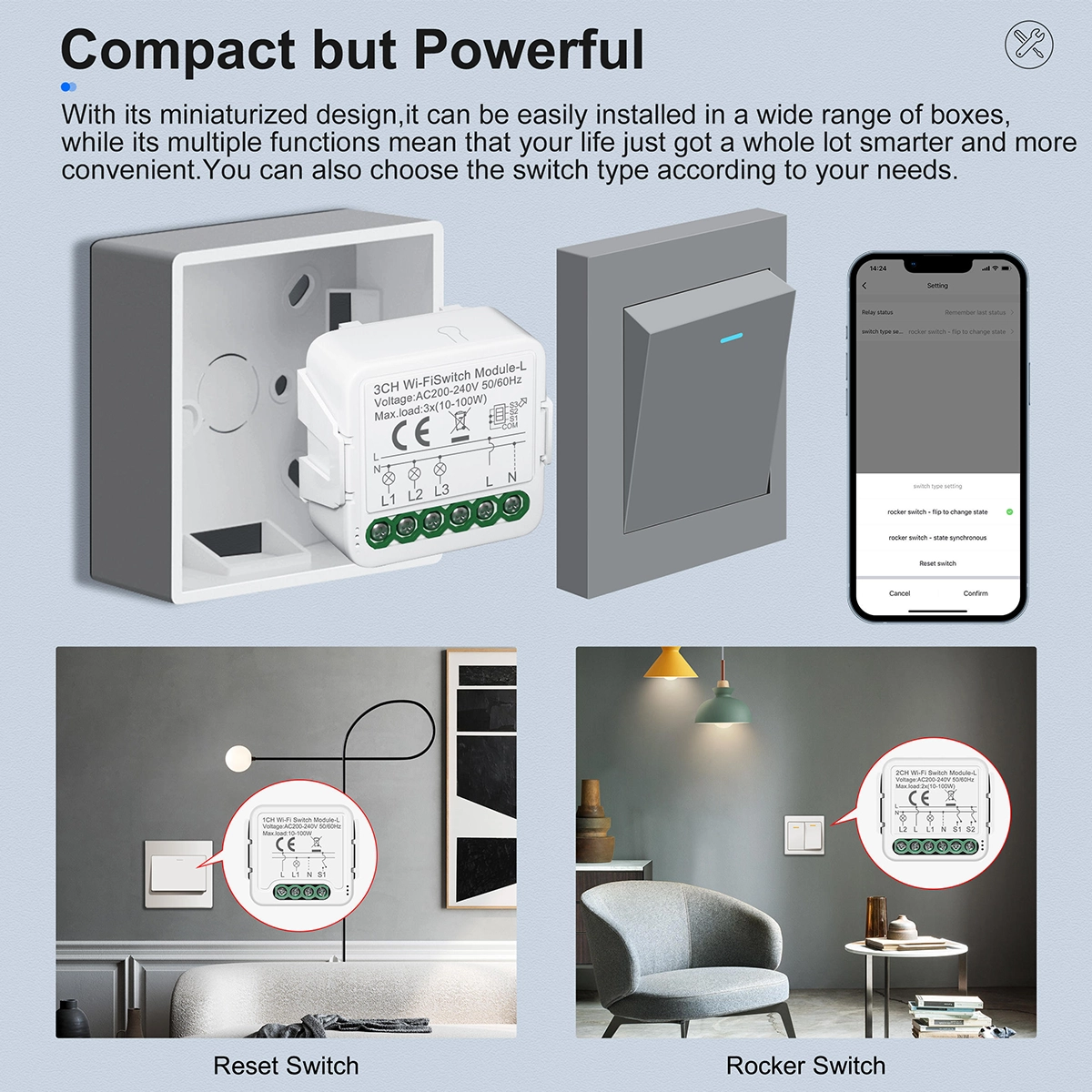 3-channel WiFi module in flush-mounted box, with push button or rocker switch and setting app