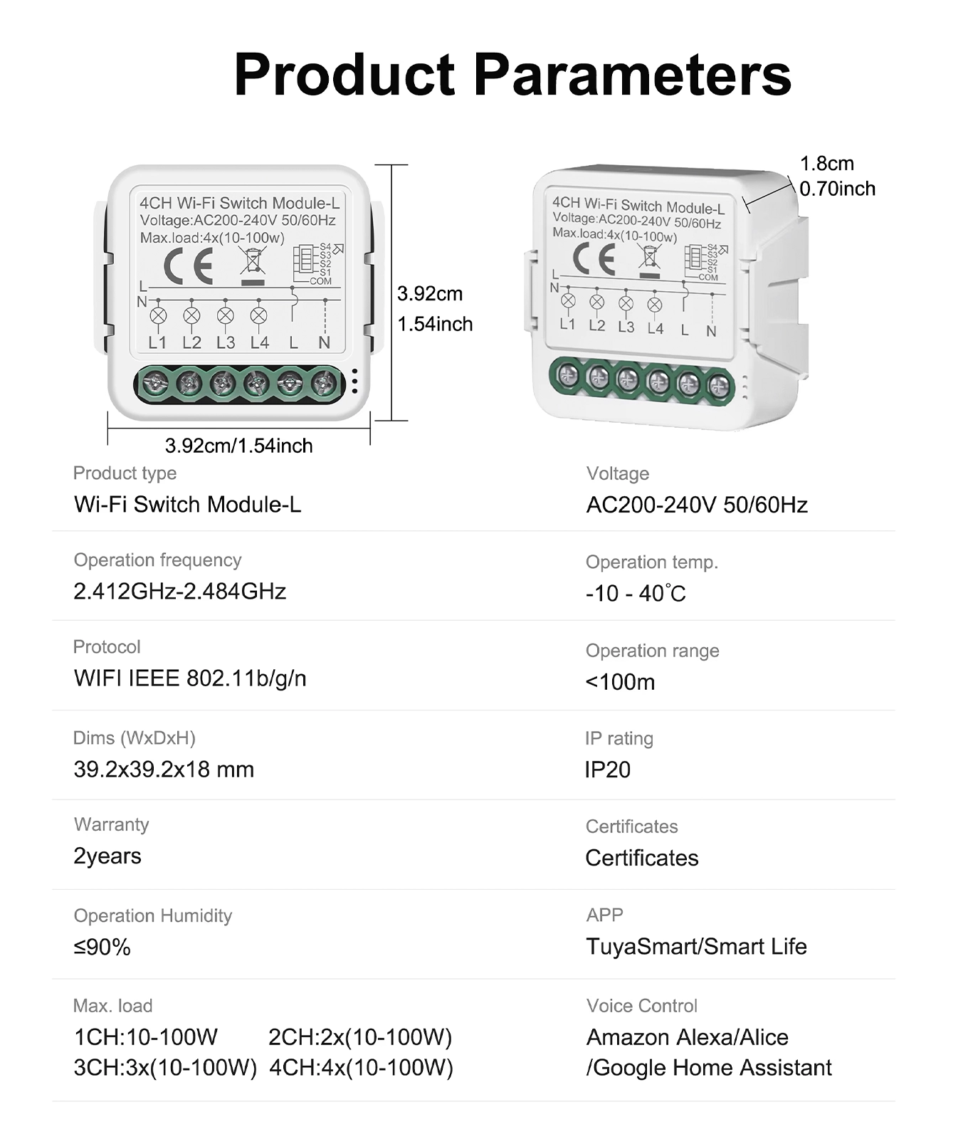 4 Channel WiFi Switch Module Parameters: 39.2 x 39.2 x 18mm, AC 200-240V, 2.4GHz WiFi, -10 to +40°C