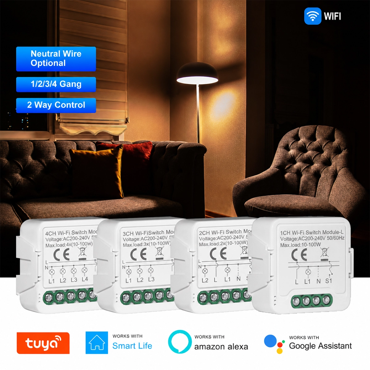 1, 2, 3 and 4 channel WiFi switch modules without neutral in a living room with a floor lamp on