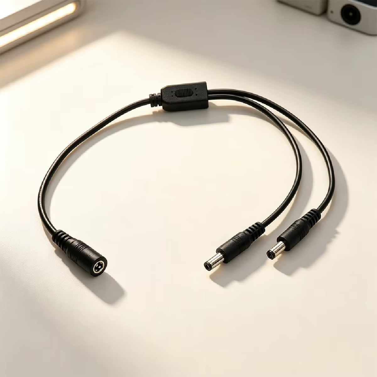 DC 5.5 x 2.1mm Y-Splitter Cable with Two Outputs: Female Socket on One End and Two Male Plugs on the Other End