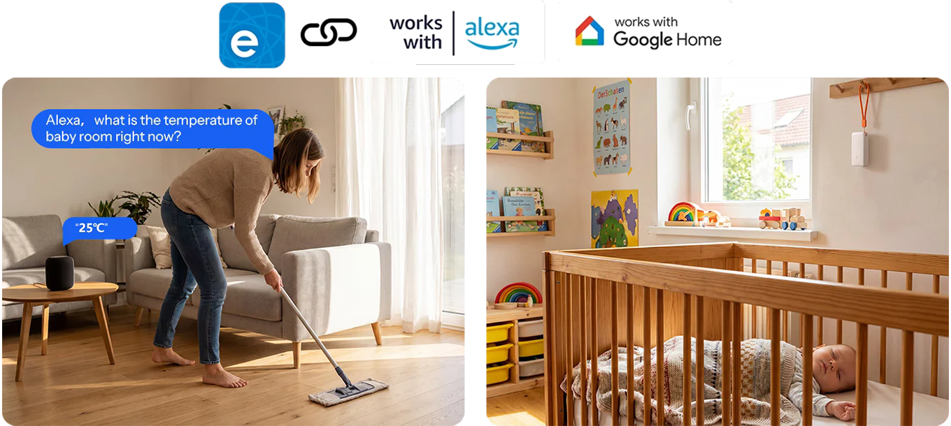 Voice control of the SNZB-02B at home: living room and dining room with Alexa and Google Home commands