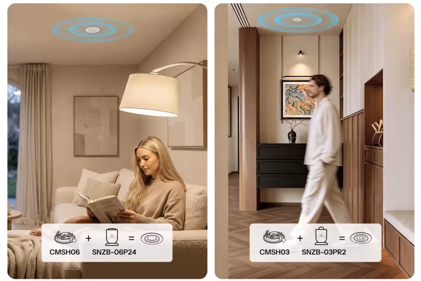 Sensori Sonoff incassati nel soffitto: CMSH06 con SNZB-06P24 in soggiorno e CMSH03 con SNZB-03PR2 nel corridoio