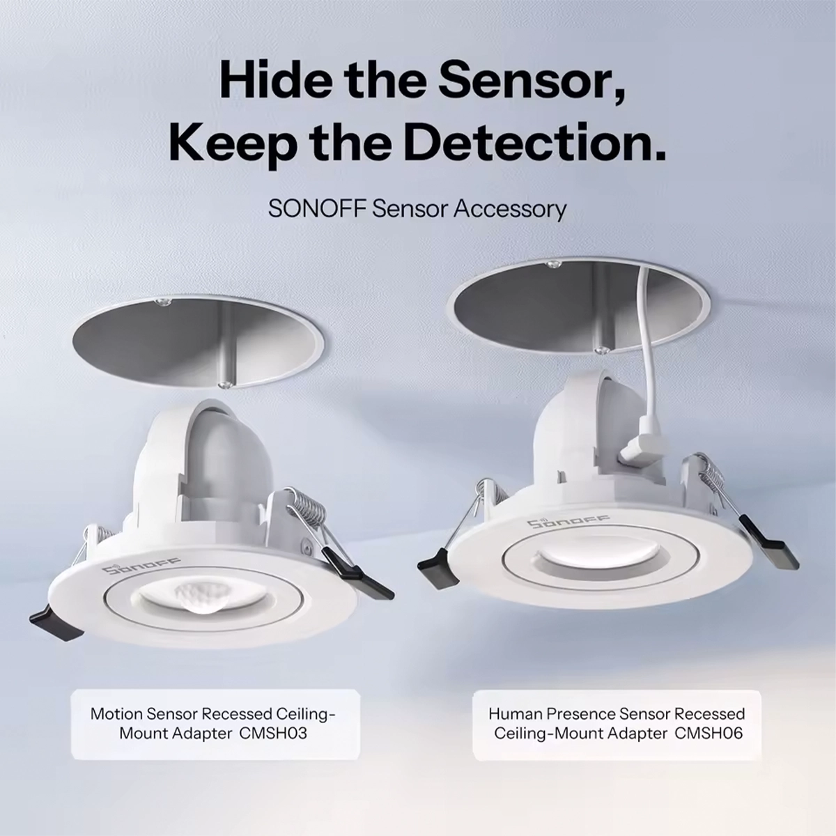 Adattatori da incasso Sonoff CMSH03 e CMSH06 montati nel controsoffitto con i sensori di movimento e di presenza