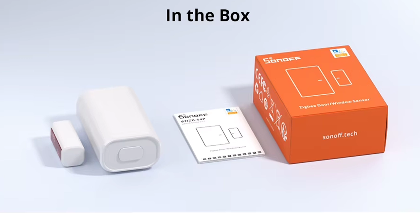 Sonoff SNZB-04PR1 package contents: sensor, magnet, quick start guide and orange box