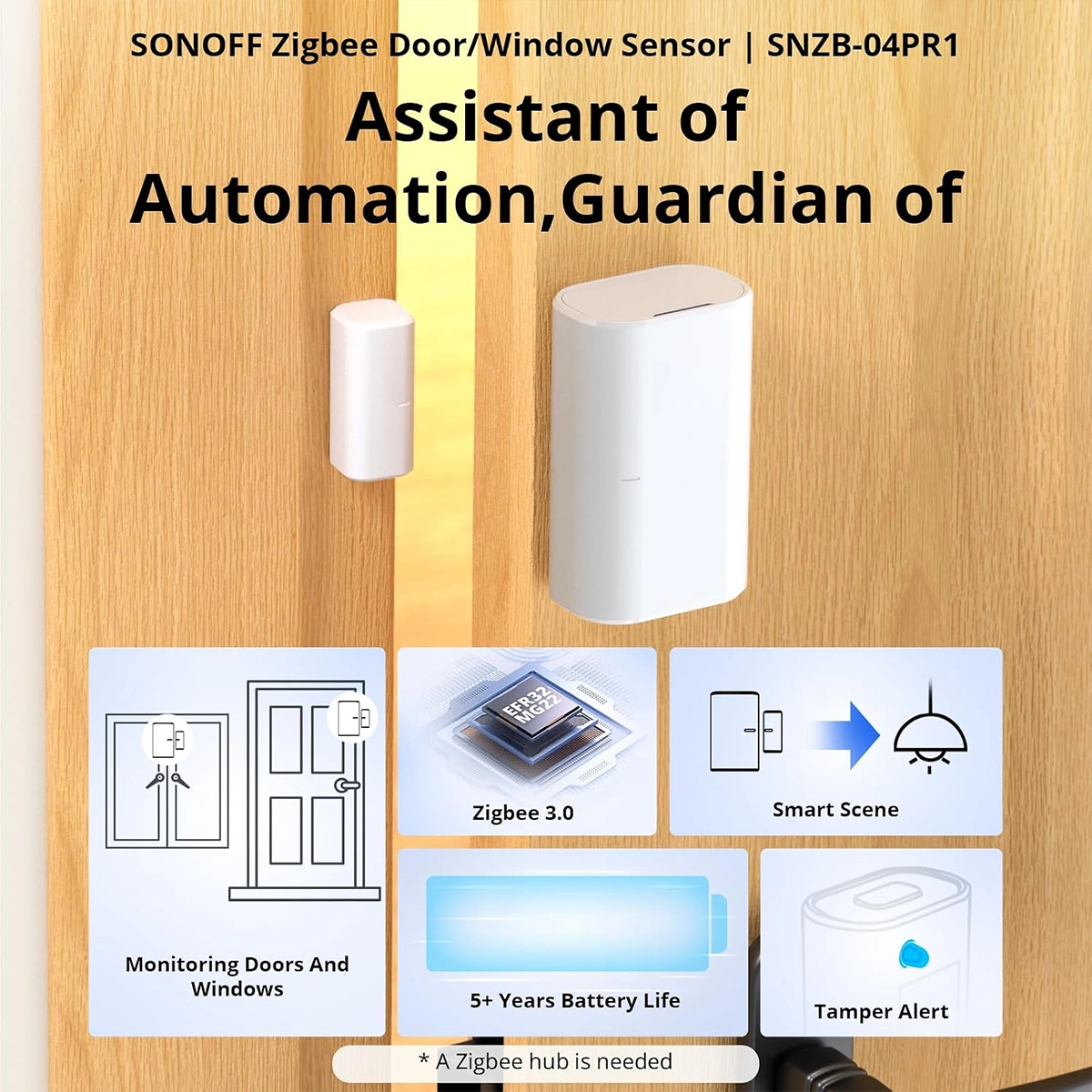 Sonoff SNZB-04PR1 Zigbee Door Window Sensor with Magnet on Wooden Door and Five Main Functions