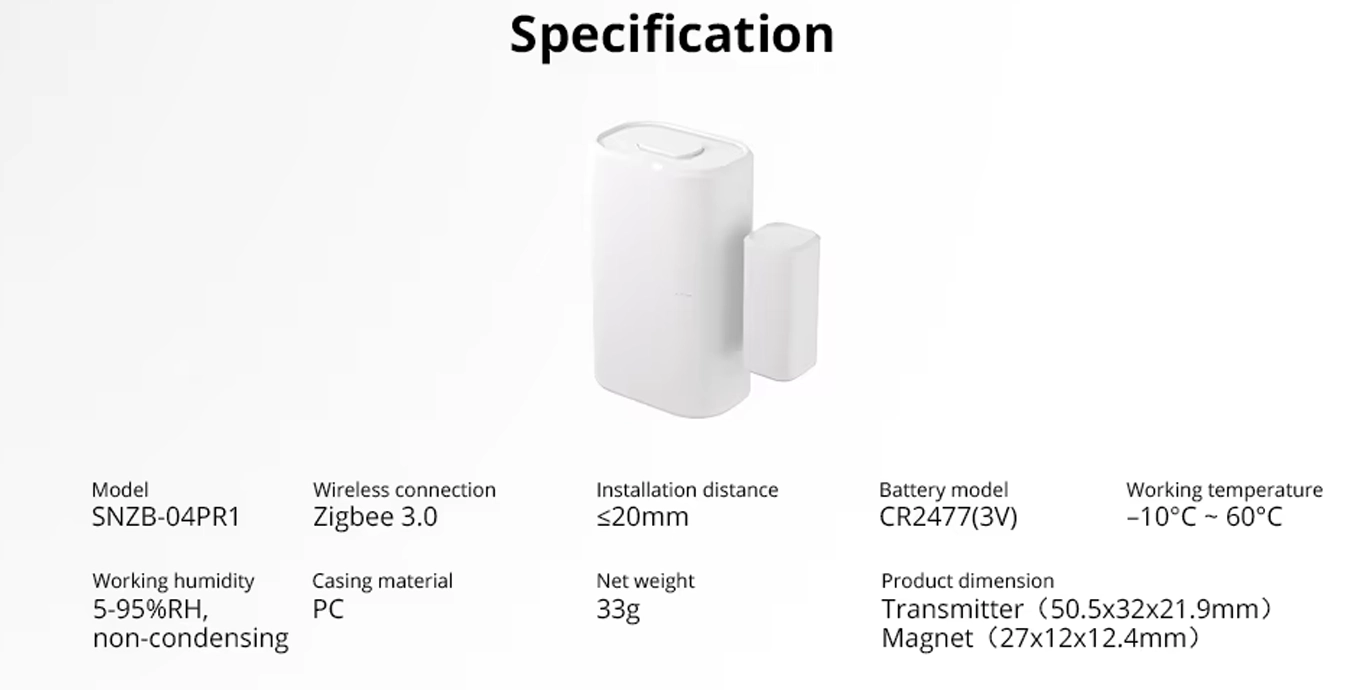 Sonoff SNZB-04PR1 Zigbee Door Window Sensor with Battery, Temperature and Material Datasheet