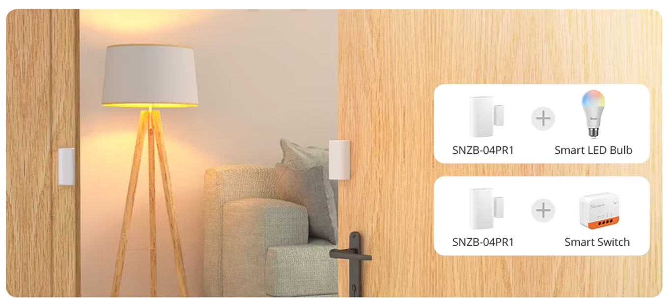 The SNZB-04PR1 sensor paired with a smart LED bulb and a Sonoff smart switch to turn on the light when the door opens.