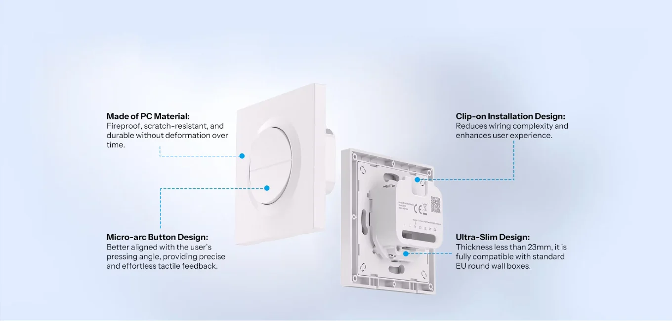 Die vier Merkmale des Sonoff E2GS-Gehäuses: PC-Material, Clip-On-Design, Mikro-Bogen-Tasten, geringe Dicke