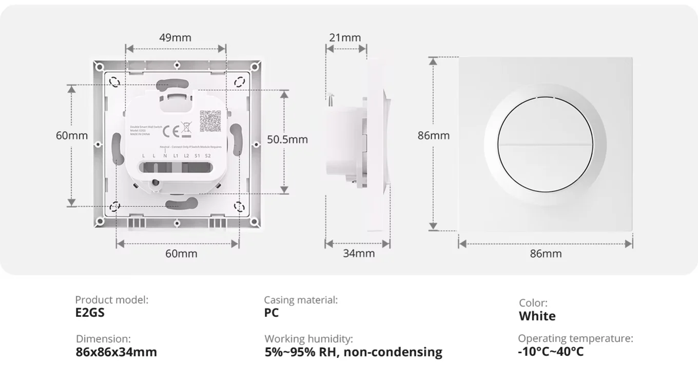Abmessungen des Sonoff E2GS-Gehäuses: 86 x 86 x 34 mm (Gesamtstärke), 21 mm Plattenstärke und 60 mm Befestigungsabstand
