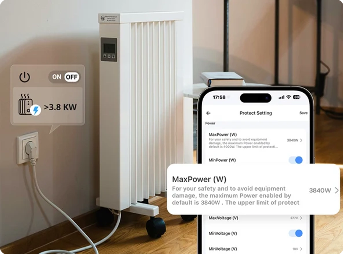 Sonoff MINI-ZB1GSP abnormal power consumption alarm: when outside the limits, the relay automatically cuts off the load's power.