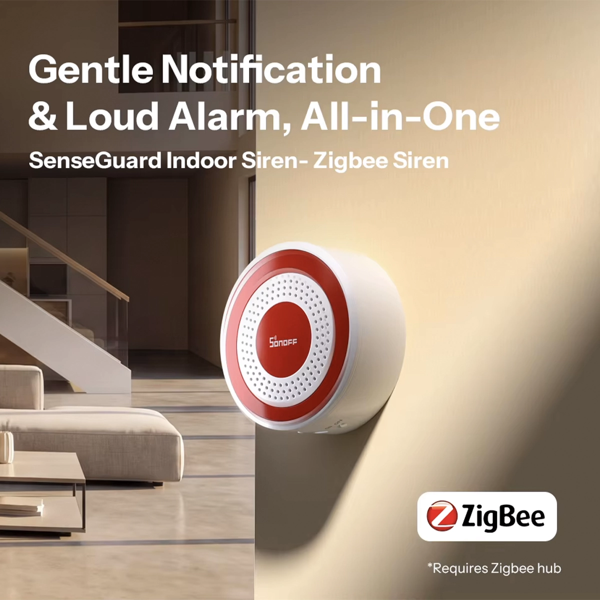 Sonoff SNZB-09P siren mounted on the wall in a modern living room, with the red alarm ring in the foreground.