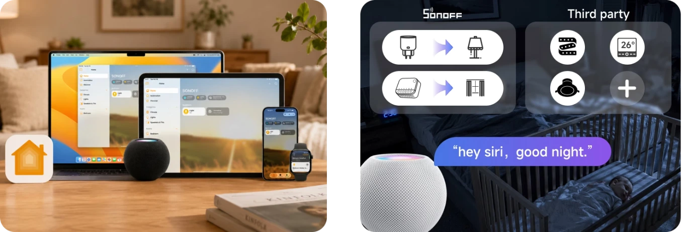 Dispositivos Bridge Max en Apple Home en Mac, iPhone y Watch y comando Siri "buenas noches" para una escena