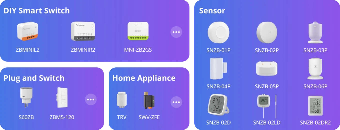 Dispositivos Sonoff Zigbee compatibles con Max Bridge: interruptores, enchufes, válvula termostática, SWV-ZFE y sensores SNZB (para proyectos de bricolaje).