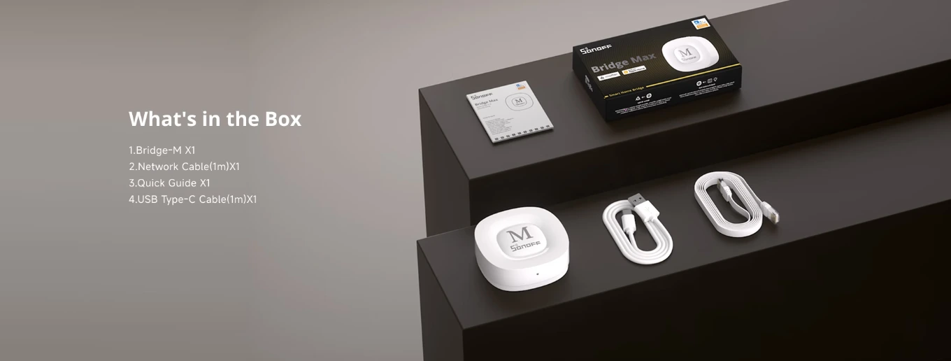 Contenido del paquete Sonoff Bridge Max: puente, cable de red, cable USB-C y guía de inicio rápido.