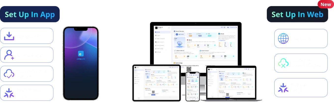 Configura el Max Bridge desde la aplicación o el navegador eWeLink , tomando capturas de pantalla en tu teléfono, tableta y computadora.