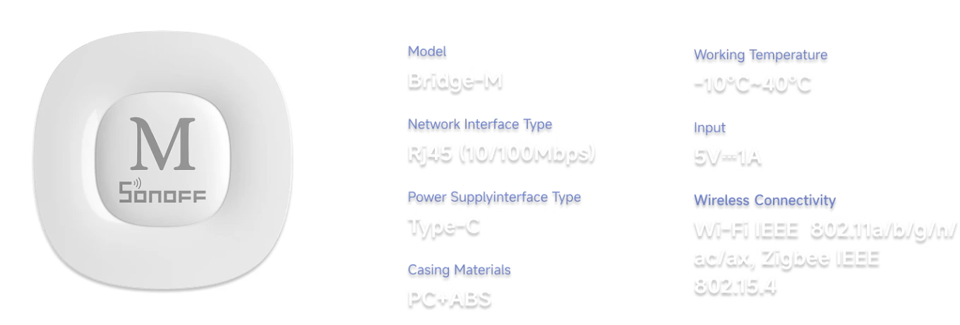 Especificaciones del Bridge-M: puerto RJ45 10/100 Mbps, USB-C 5V 1A, Wi-Fi 802.11ax, Zigbee, -10 a 40°C, PC+ABS