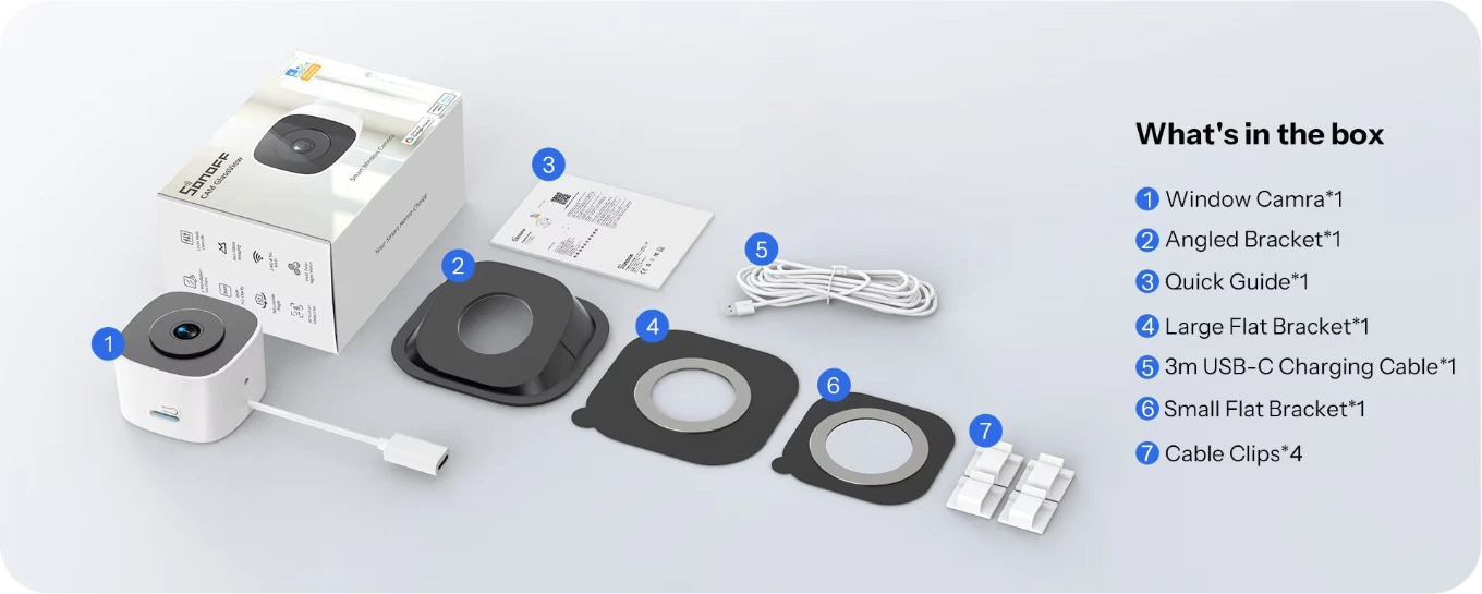 Contenido del paquete CAM-S3W: Cámara, soporte inclinable, dos soportes planos, cable USB-C de 3 m, guía y 4 clips para cables.