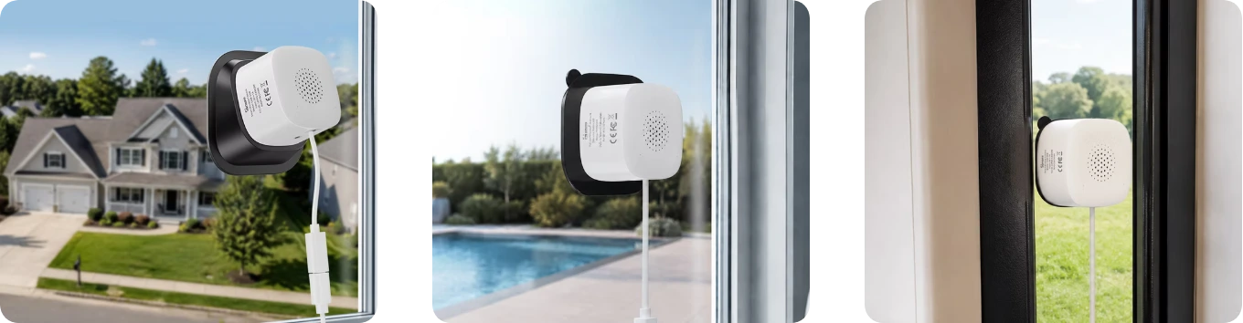 Los tres soportes del CAM-S3W sobre el cristal: inclinado para plantas altas, recto para la piscina y compacto para espacios estrechos.