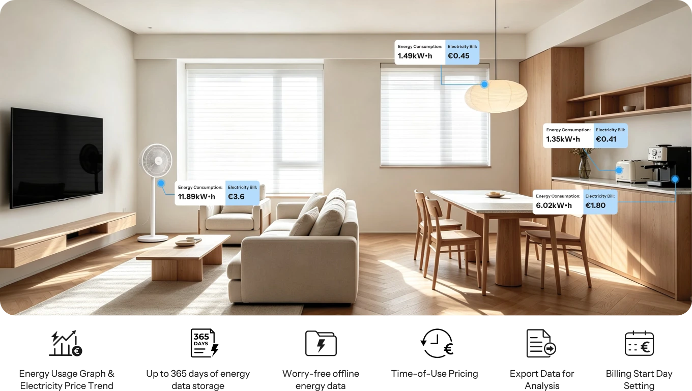 Hourly, daily, and monthly consumption graphs in the eWeLink app with time-of-day pricing