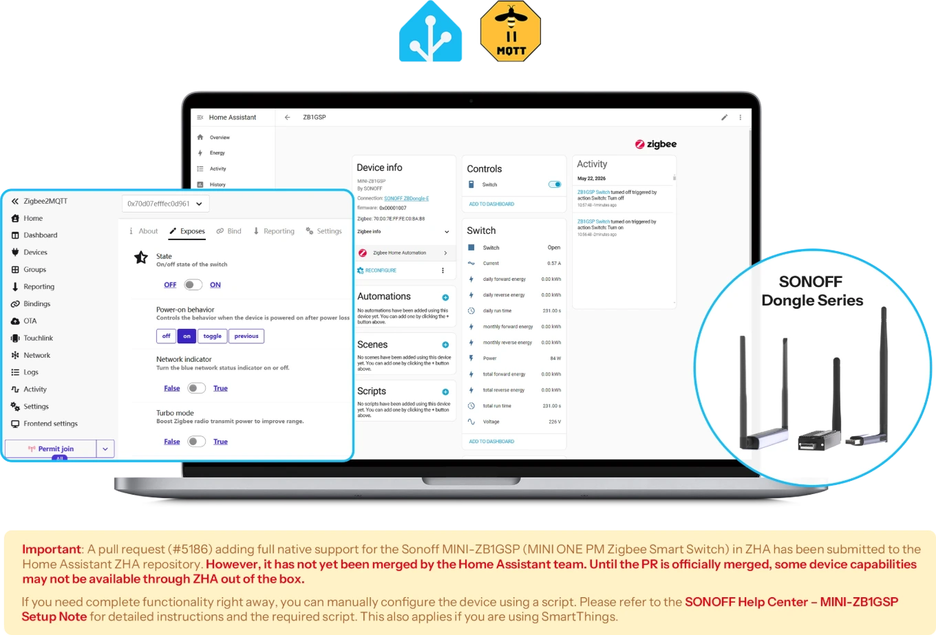 Sonoff MINI-ZB1GSP in Home Assistant and Zigbee2MQTT with a Sonoff Dongle series key