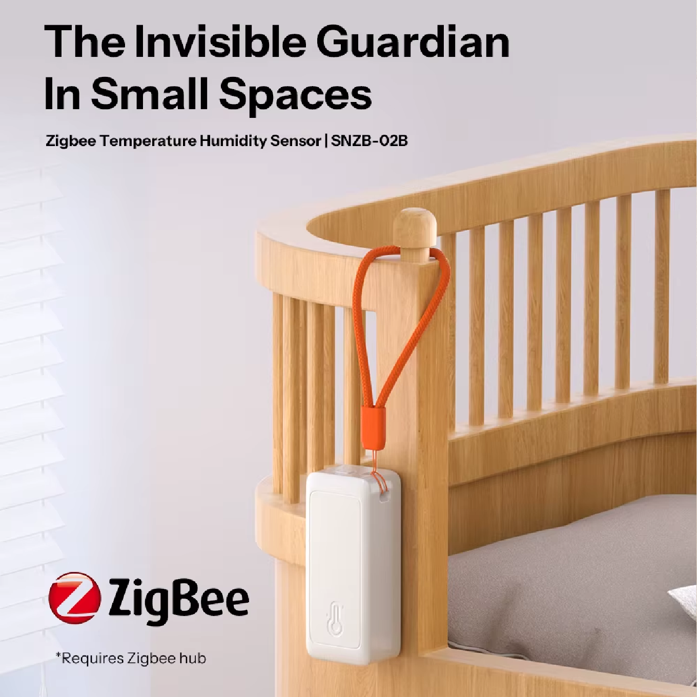 The SONOFF SNZB-02B AirGuard TH Lite installed on the wall next to the cot, measures temperature and humidity