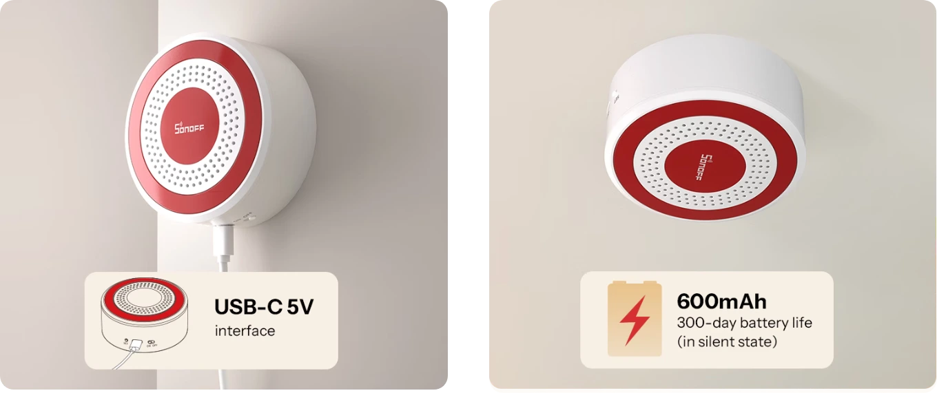 Sonoff SNZB-09P siren powered by USB-C 5V and with 600mAh backup battery, 300 days of standby time