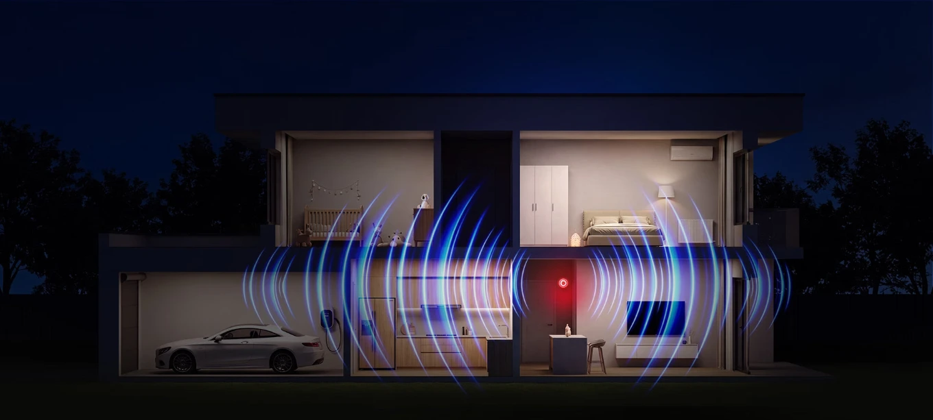 Home at night with Sonoff SNZB-09P siren that spreads 105dB alarm to all rooms