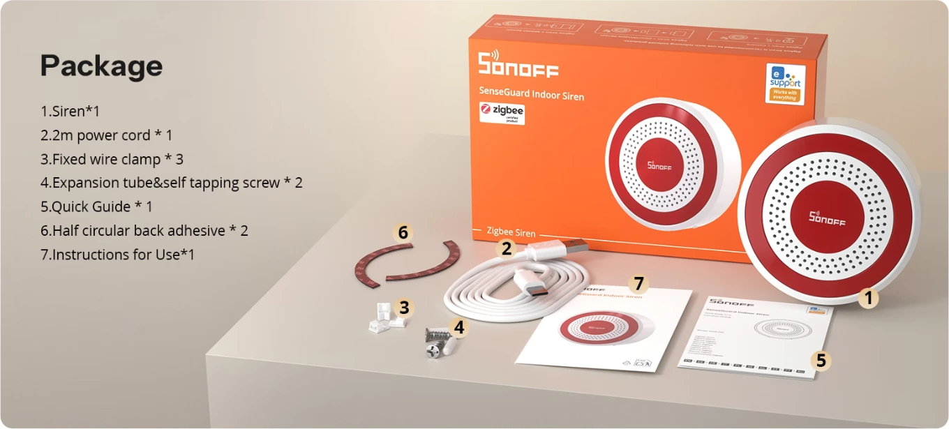 Sonoff SNZB-09P package contents: siren, 2.2m cable, cable clips, wall plugs and screws, quick start guide and stickers