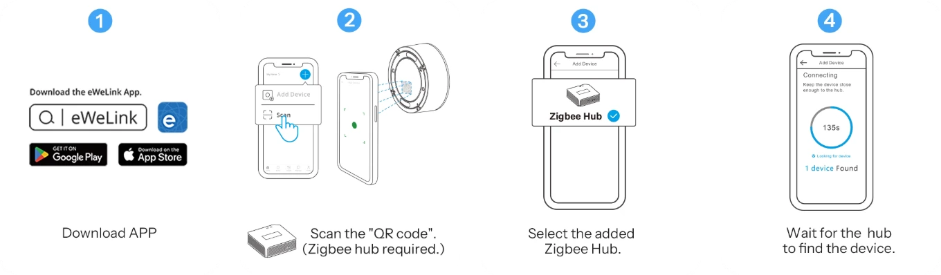 SNZB-09P siren setup in 4 steps: eWeLink app, QR code scan, choose Zigbee hub and search