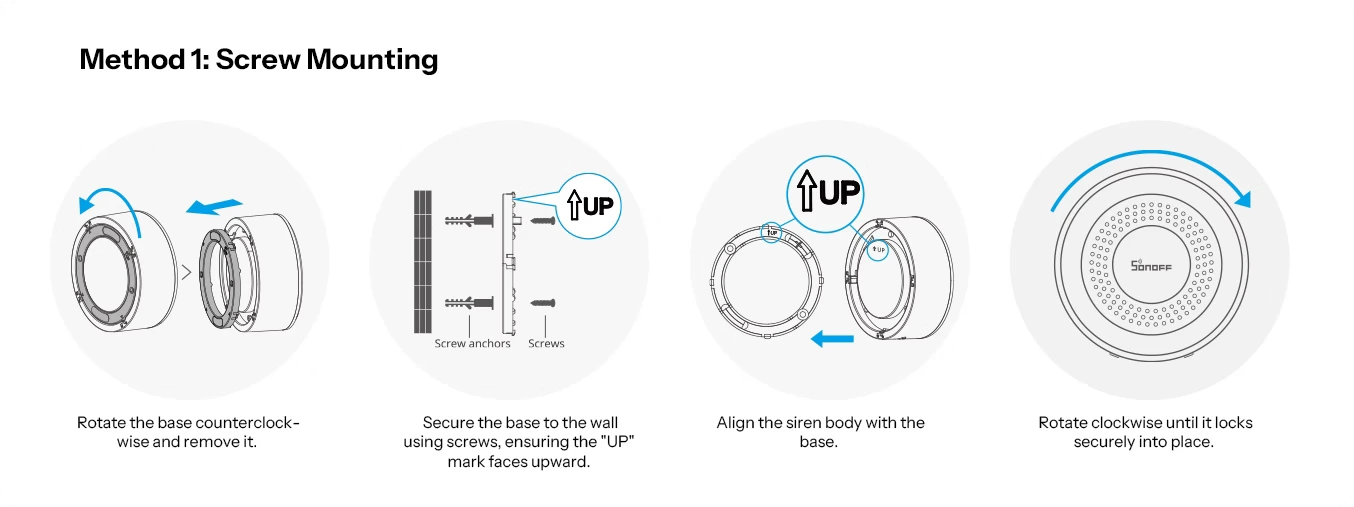 Screw mounting of the SNZB-09P siren: base fixed to the wall with the UP arrow at the top and body rotated until it clicks
