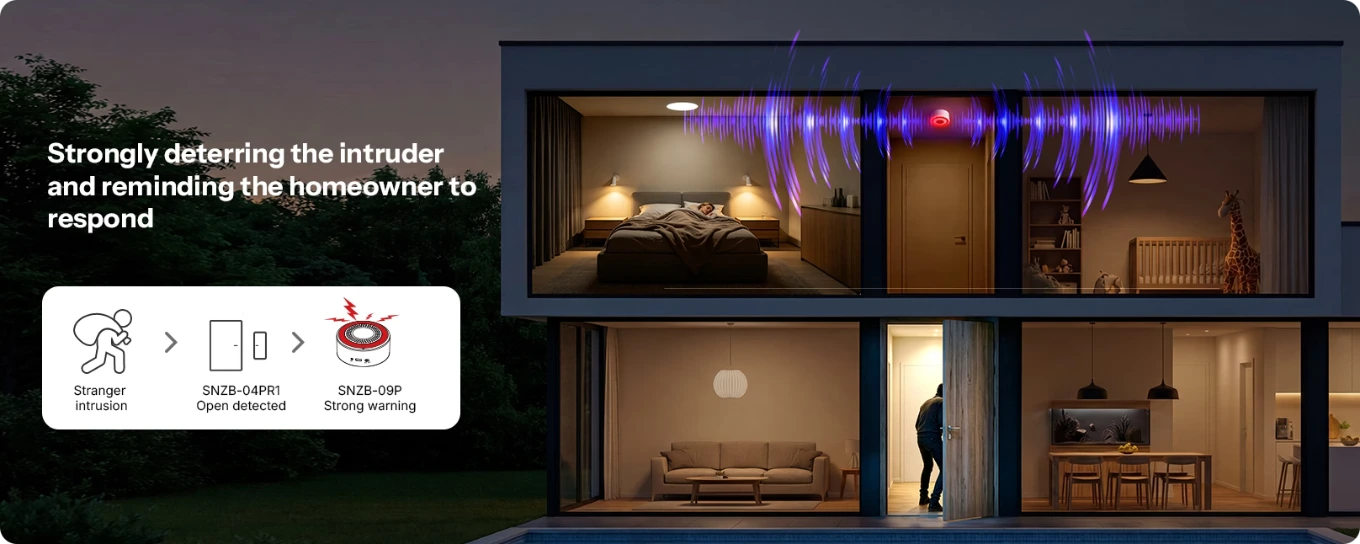 Smart scene: The door sensor detects opening and the SNZB-09P siren sounds to deter intruders at night.