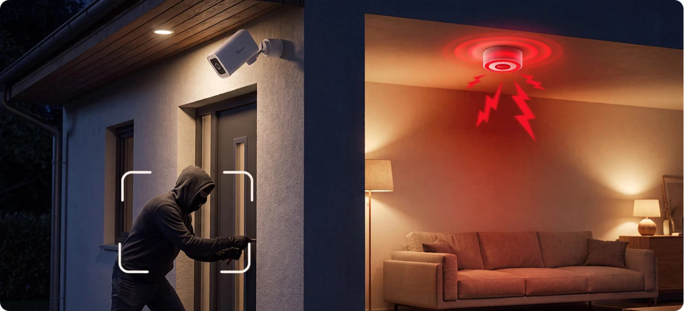 Sonoff SNZB-09P ceiling siren with red ring on while camera records intruder at door