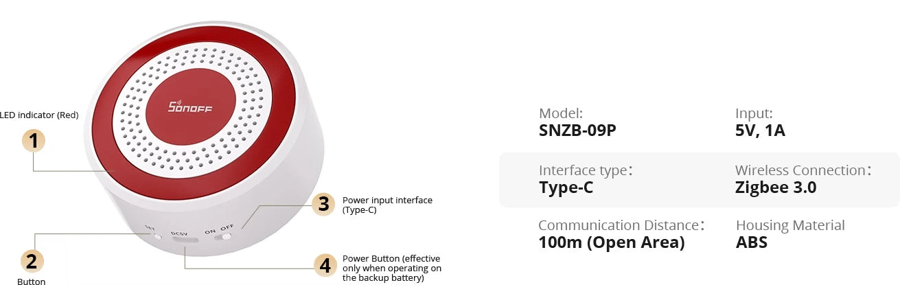 Sonoff SNZB-09P Siren Specifications: 5V 1A Input, USB-C, Zigbee 3.0, 100m Open Range, ABS