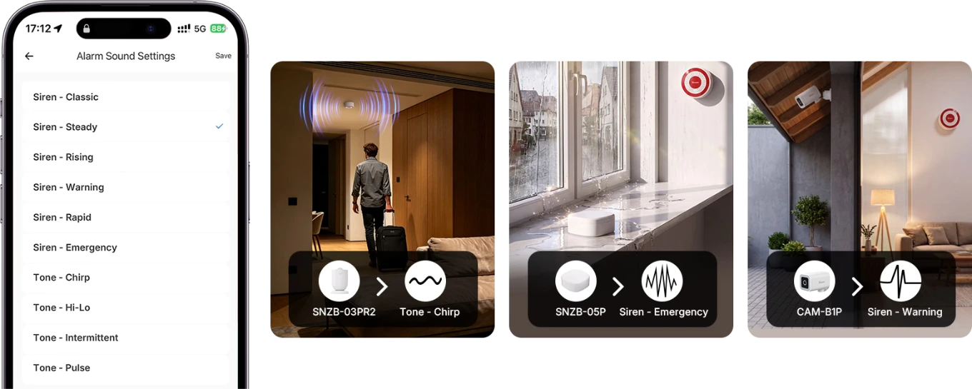 SNZB-09P siren tones in the app and three scenes where different sensors play a different tone