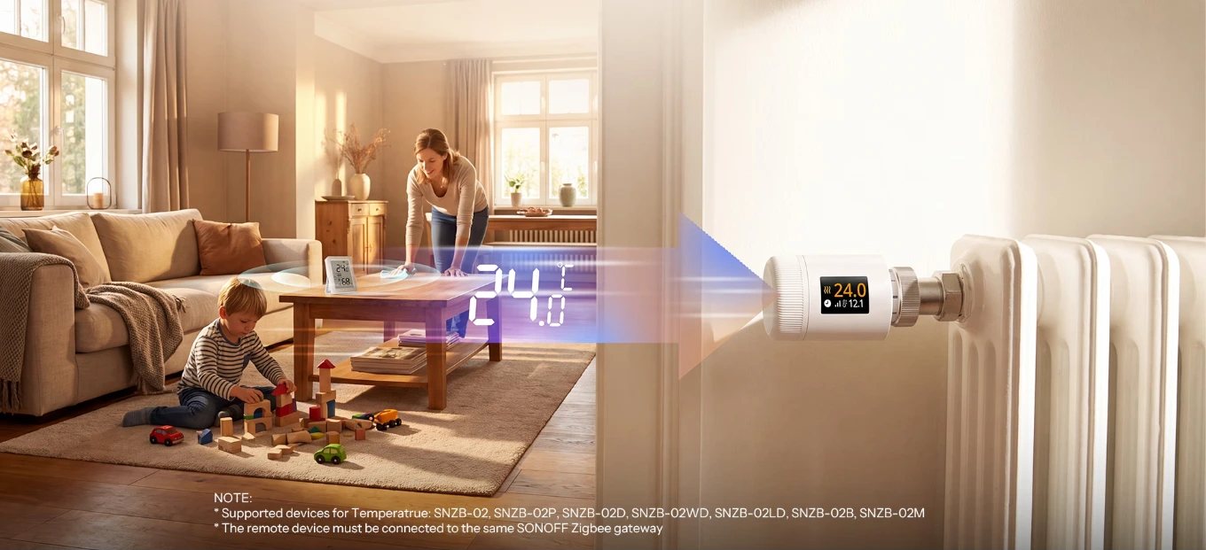 Sonoff TRV-ZBT paired with an external Zigbee temperature sensor for uniform room comfort