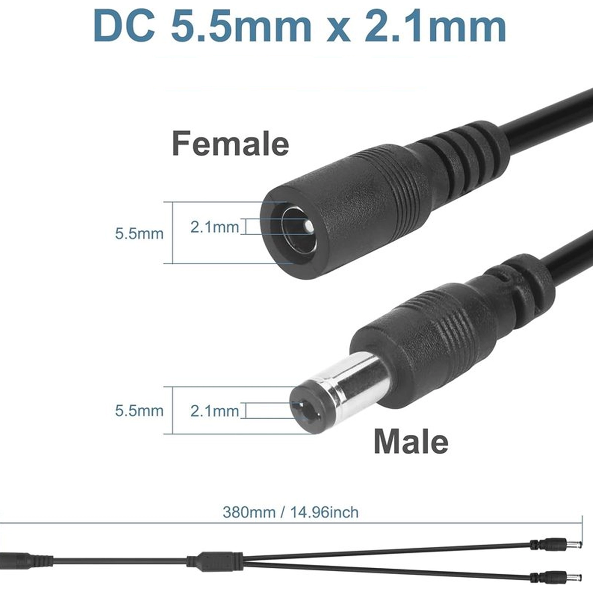 DC 5.5 x 2.1mm splitter cable connector dimensions: female socket and male plug comparison