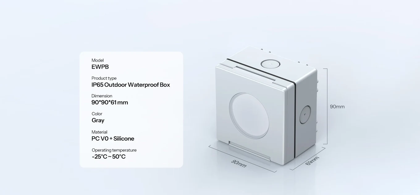 Spécifications SONOFF EWPB : 90 x 90 x 61 mm, PC et silicone V0, -25 à 50 °C