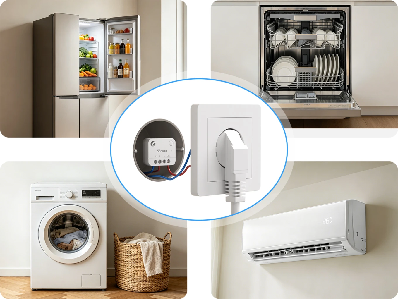 The MINI-ZB1GP installed in the box behind a wall socket, with the recommended depth of 60 mm