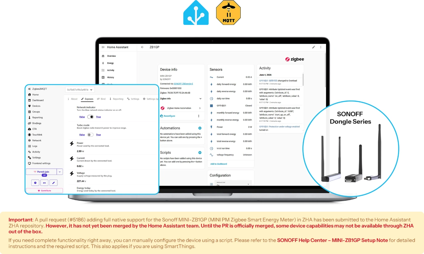 Sonoff MINI-ZB1GP integrated into Home Assistant and Zigbee2MQTT via a Sonoff Dongle series key