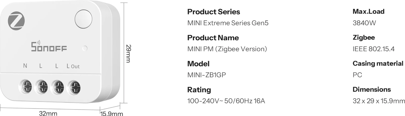 Sonoff MINI-ZB1GP Data Sheet: 100-240 V 16 A, 3840 W, Zigbee IEEE 802.15.4 , PC body, 32 × 29 × 15.9 mm