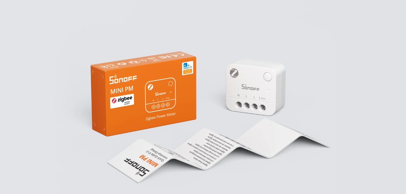 Sonoff MINI-ZB1GP package contents: MINI PM orange box, Zigbee module and quick start guide